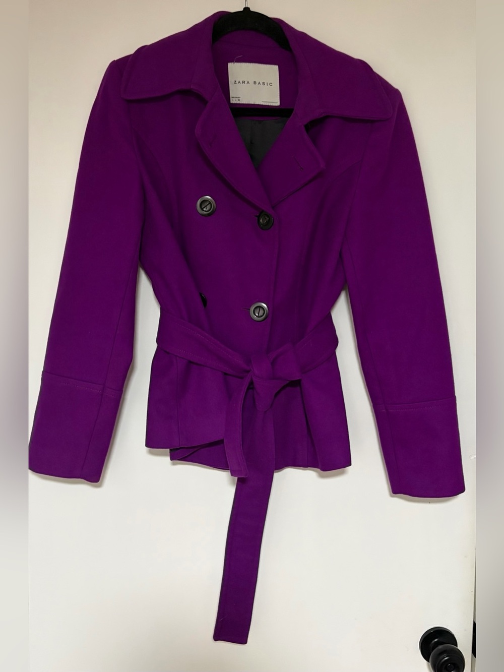 Zara Purple Wool Blend Women’s Coat w/Attached Belt Size Large
